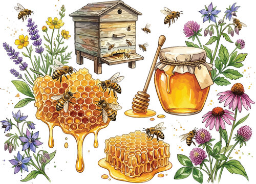 Honey bee collection with wooden hive honeycomb and glass jar on transparent background.