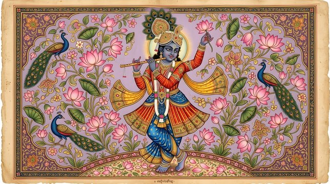 Krishna playing flute in traditional indian art style with peacocks and lotus flowers