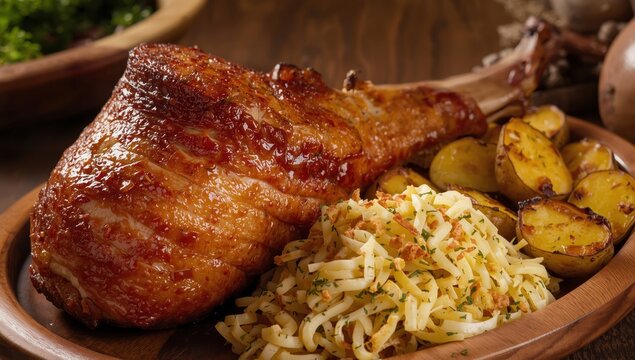 Crispy roasted ham hock with sauerkraut and potatoes. Roasted Schweinshaxe with sauerkraut.