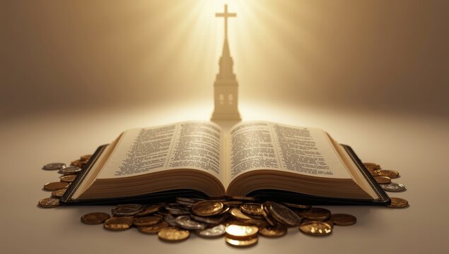 Concept of tithing. Cross and currency with Scripture. Biblical idea of Christian donations, generosity, and church tithes.