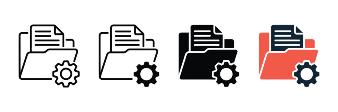 Set of four file folder icons with gear symbols for document management and system configuration representing digital data organization and workflow optimization