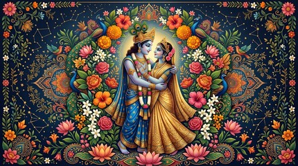 Obraz premium Intricate depiction of krishna and radha embracing amidst vibrant floral and peacock motifs celestial background