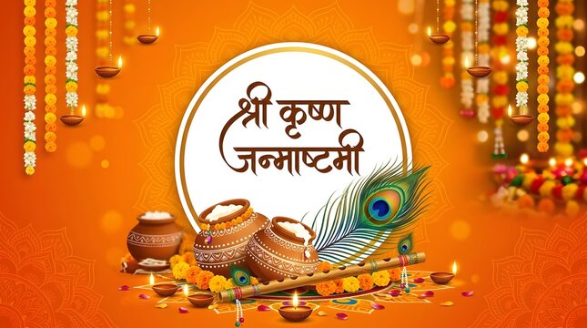 Krishna janmashtami celebration with traditional indian decorations and symbols