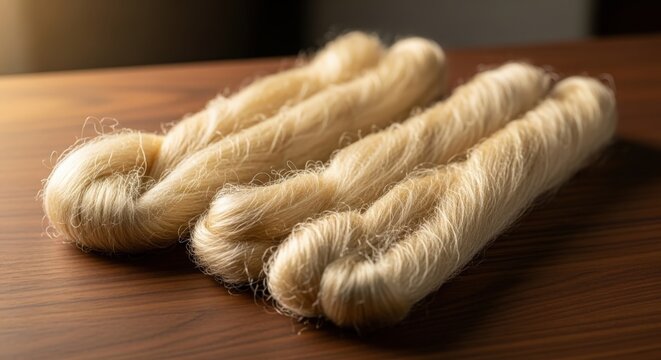 Raw unspun silk fibers showing natural sheen and delicate textures, arranged in a horizontal widescreen composition on a smooth dark wooden surface, representing traditional textile craftsmanship.