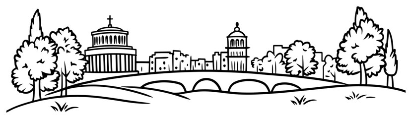 Hand-drawn European old town riverside skyline vector black and white line art with stone bridge domes towers and trees © Tomas