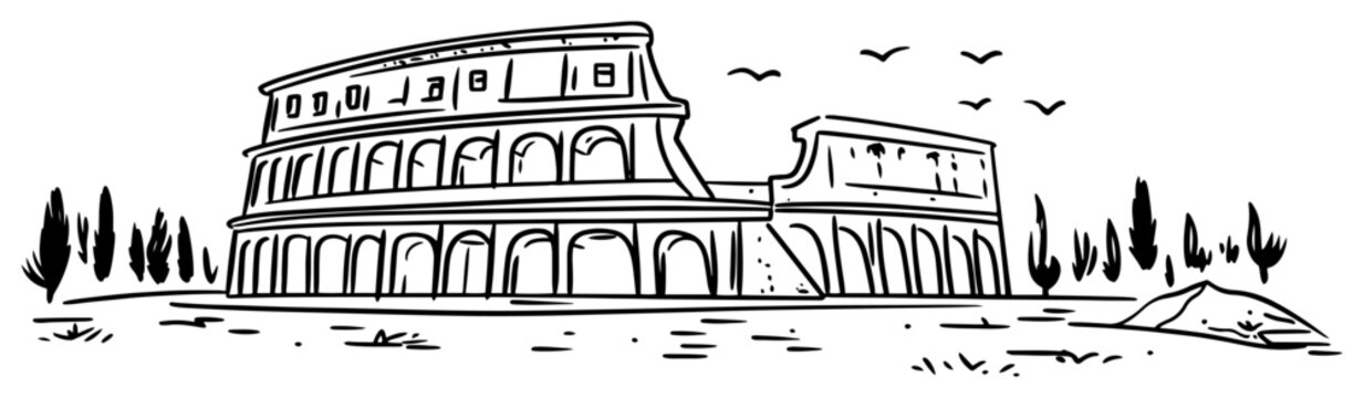 Hand-drawn Rome Colosseum vector black and white line art of ancient Roman amphitheater with cypress trees and birds