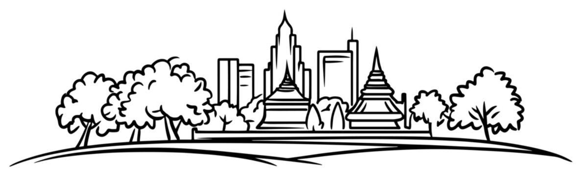 Hand-drawn Bangkok skyline vector black and white line art with Thai temples pagodas and modern city buildings with trees