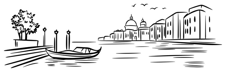 Venice canal with gondola and historic waterfront skyline domes minimalist ink line art vector illustration © Tomas
