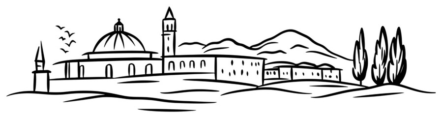 Italian Countryside Basilica with Dome and Bell Tower Hand Drawn Vector Line Art Landscape Illustration Black and White © Tomas