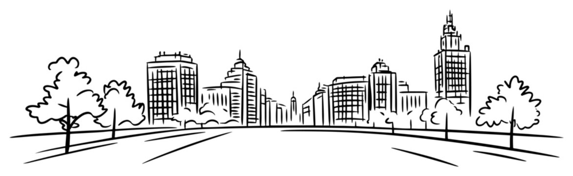 City boulevard with trees and modern skyline minimalist black ink line art vector illustration