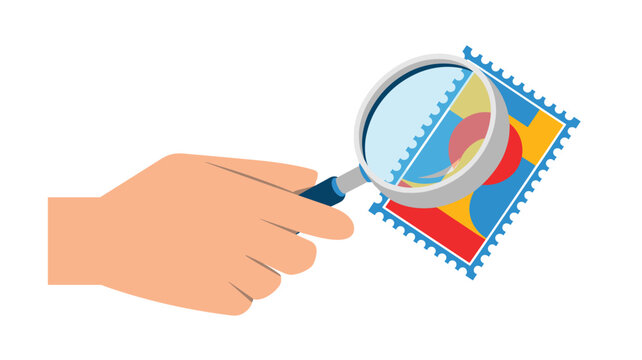 A hand holds a magnifying glass over a colorful postage stamp to inspect the detailed artwork against a plain white background with a simple and clear presentation.