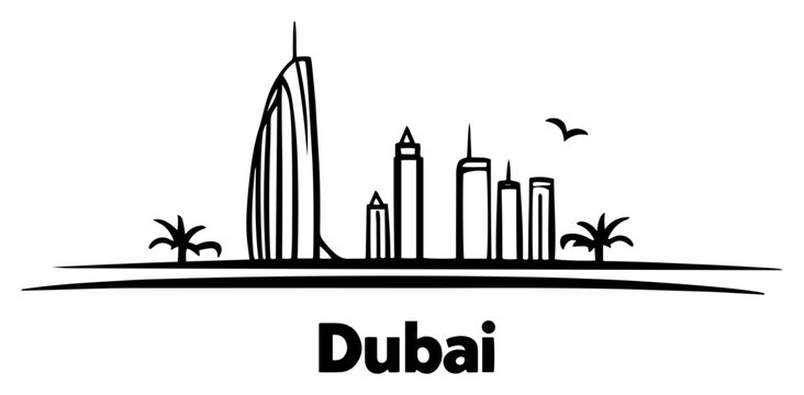 Dubai skyline with iconic sail tower and palm trees minimalist black ink line art vector illustration