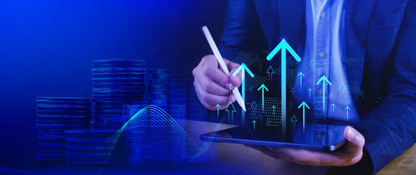Growth concept. business arrow target direction concept to success, Finance growth vision stretching rising up, Return on investment ROI, chart increase profit. not ai