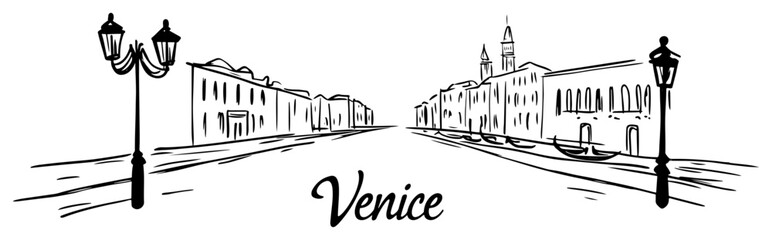 Hand-drawn Venice waterfront street vector black and white line art with lamppost historic facades and handlettered city name © Tomas
