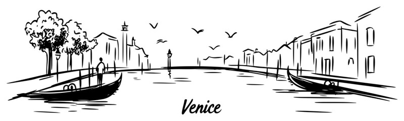 Hand-drawn Venice canal skyline vector black and white line art with gondolas historic buildings trees and birds © Tomas