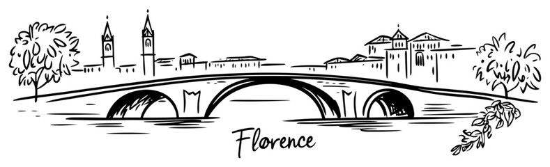 Obraz premium Florence Tuscany Riverside Cityscape with Historic Bridge Hand Drawn Vector Line Art Illustration Black and White
