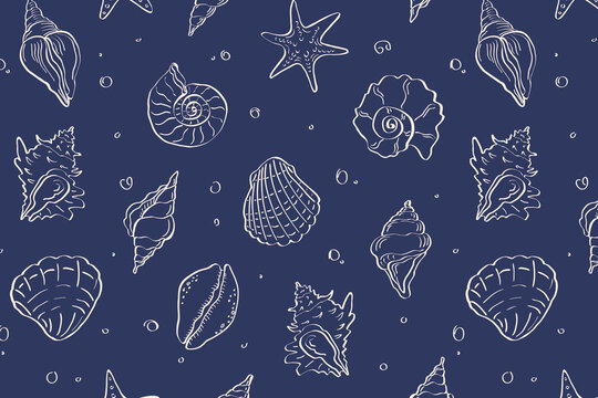 Seashell seamless pattern. Hand drawn marine repeating print with sea shells, ocean beach design, summer holiday background, doodle retro texture for textile, wallpaper. Vector illustration