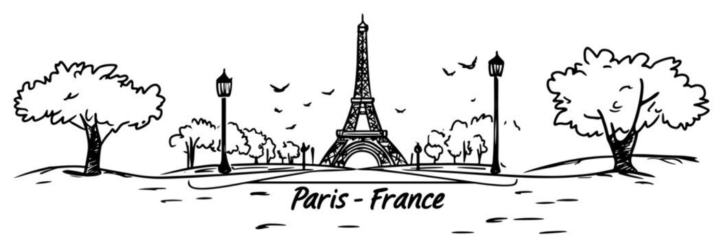 Hand-drawn Paris skyline vector black and white line art with Eiffel Tower park trees birds and handlettered text Paris France