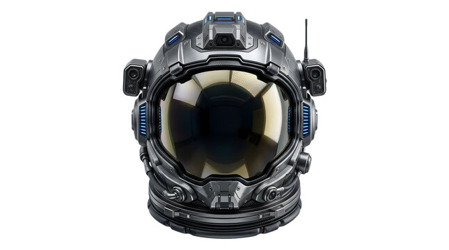 Futuristic astronaut helmet with glowing blue lights and dark reflective visor for space exploration and science fiction isolated on transparent background