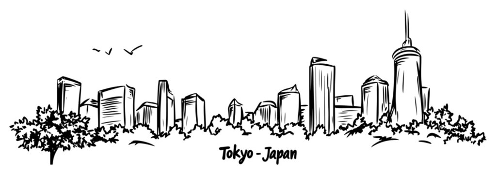 Tokyo Japan city skyline with trees and birds minimalist black ink line art vector illustration
