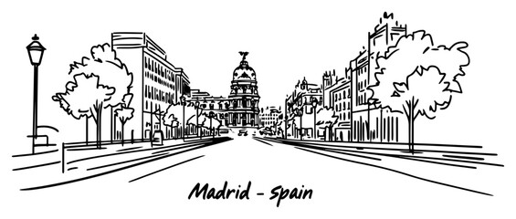 Madrid Spain Grand Boulevard Cityscape With Historic Architecture Hand Drawn Vector Line Art Illustration Black and White © Tomas