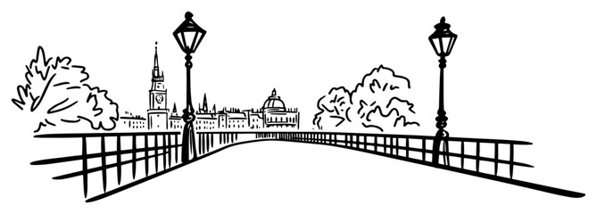 European riverside bridge promenade with vintage street lamps and historic old town skyline minimalist black ink line art vector illustration © Tomas