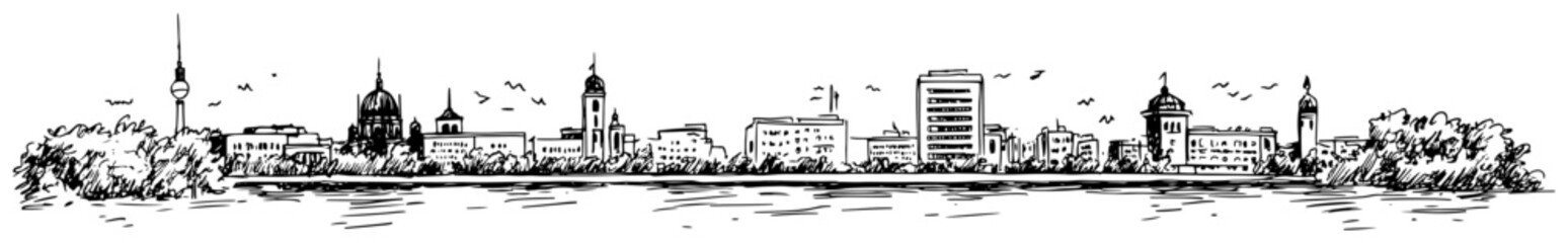 Berlin skyline across the Spree river with TV Tower cathedral domes and waterfront trees hand drawn ink line art vector © Tomas