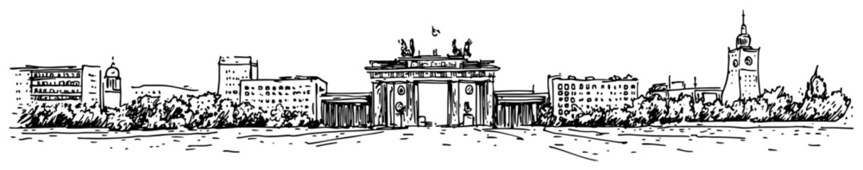 Berlin Brandenburg Gate Panorama Hand Drawn Vector Line Art Cityscape Illustration Black and White © Tomas