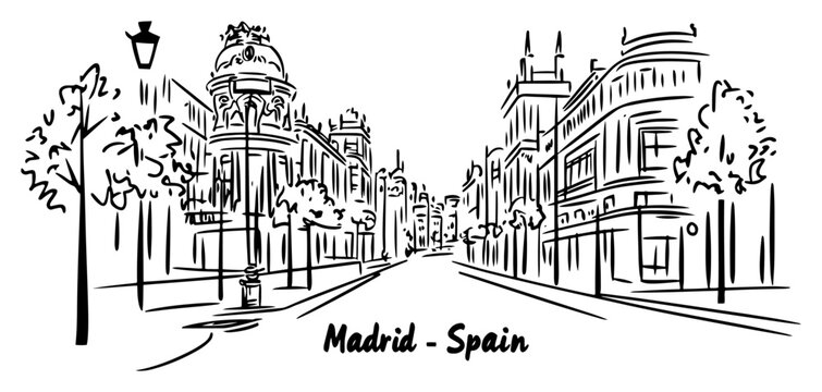 Hand-drawn Madrid Spain city street vector black and white line art with ornate buildings trees lampposts and handlettered title