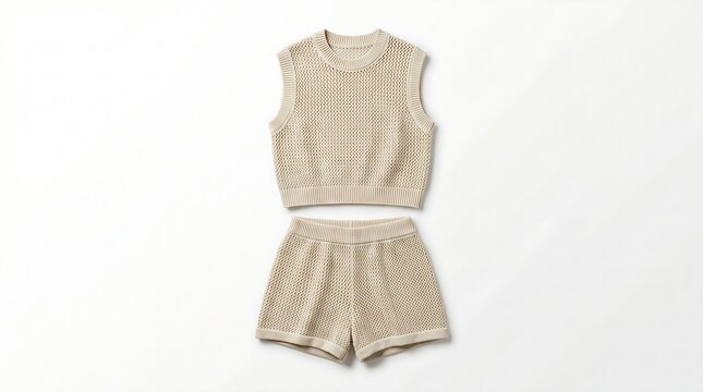 Minimalist beige crochet knit two-piece vest and shorts set for summer fashion, studio shot on white background with soft lighting for commercial apparel catalog.
