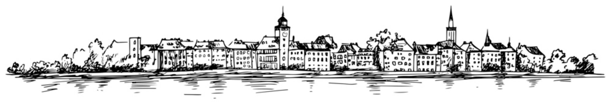 Historic European riverside old town skyline with towers and waterfront reflections vintage ink line art vector illustration
