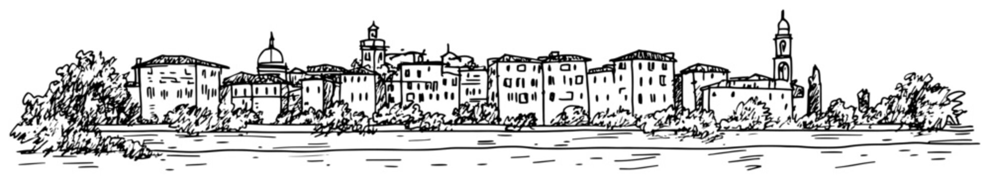 Mediterranean hilltop old town skyline with domes bell towers and river vintage ink line art vector illustration