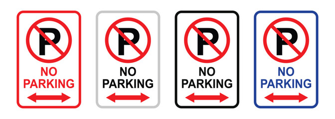 Four no parking traffic signs with red, black, and blue borders isolated on transparent background © Moin