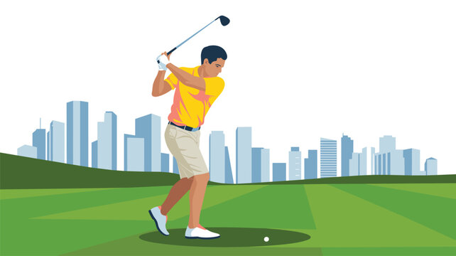 A professional golfer in a yellow shirt performs a full swing at a golf ball on a lush green course with a modern city skyline backdrop under bright sky.
