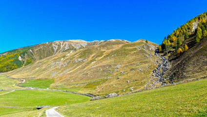 Blick über alpine Bergwiesen auf den kleinen Weiler Melag im herbstlichen Langtauferer Tal in Südtirol © Ilhan Balta