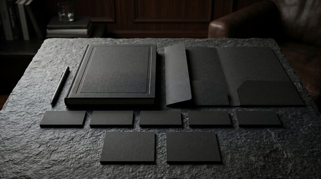 Minimalist black corporate branding stationery mockup set with leather notebook and cards on dark textured stone under moody professional studio lighting
