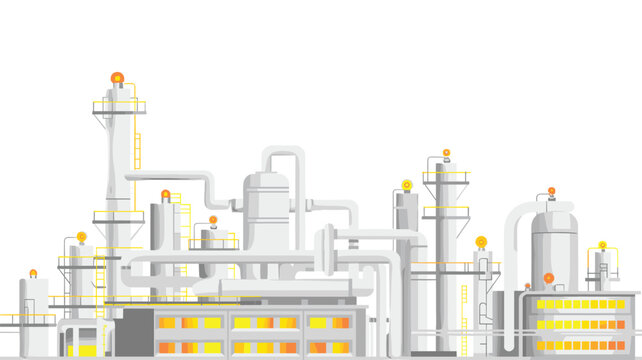 A sophisticated industrial distillation facility with tall, sleek towers and interconnected tubing illuminated by warm glowing lights against a bright white background.