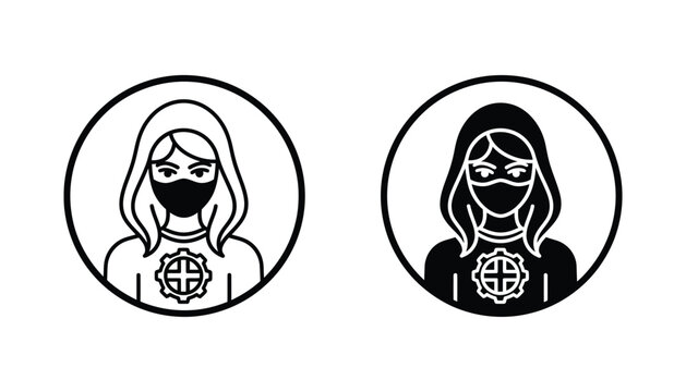 Female hacker avatar icon set in circle frame featuring girl with hoodie and mask and gear symbol for cybersecurity and tech branding