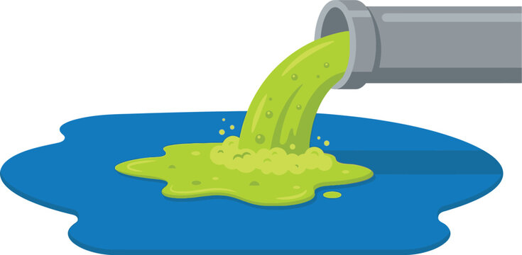 Industrial pipe discharging toxic green chemical waste into a large pool of blue liquid substance