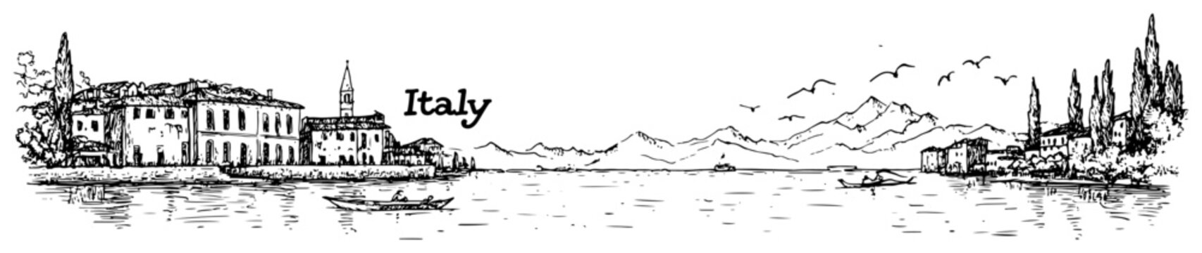 Scenic landscape of an Italian lake like Como or Garda with mountains. Hand drawn vector sketch illustration.