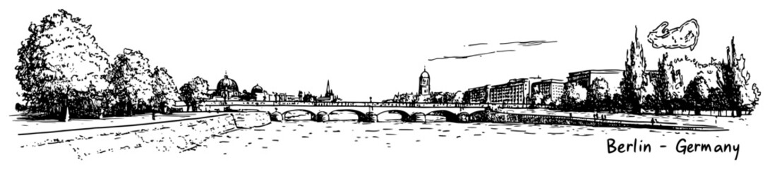 Berlin cityscape with the Cathedral and bridge over the Spree river in Germany. Hand drawn vector sketch. © Tomas