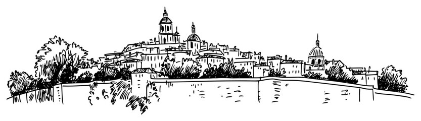 Obraz premium Historic old town on a hill Hand drawn European cityscape sketch vector illustration