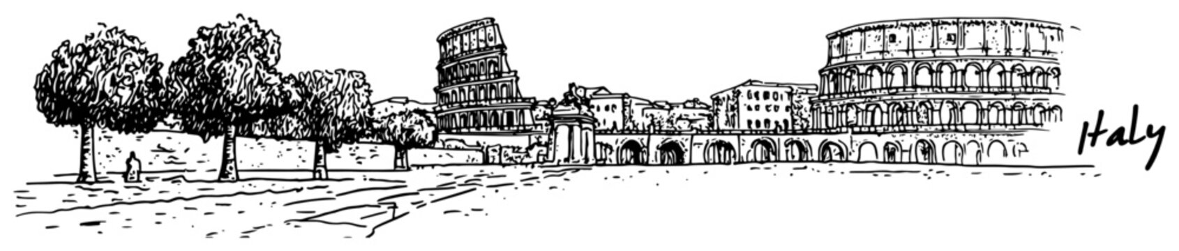 Italy landmarks sketch with the Leaning Tower of Pisa and the Colosseum in Rome. Hand drawn vector travel illustration