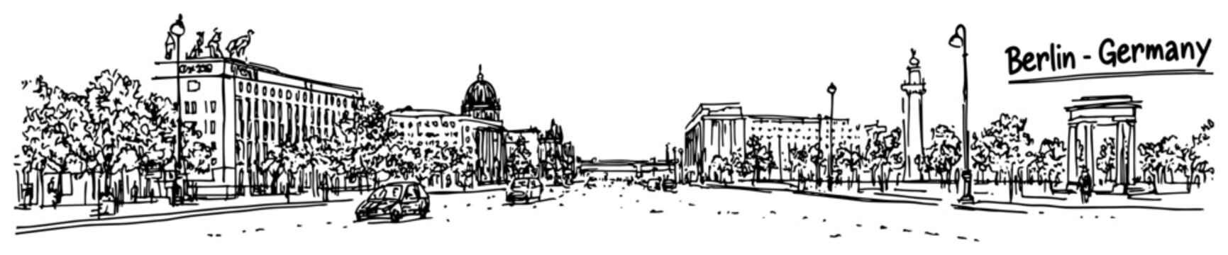 Berlin Germany cityscape with Brandenburg Gate on Unter den Linden street. Hand drawn vector sketch.