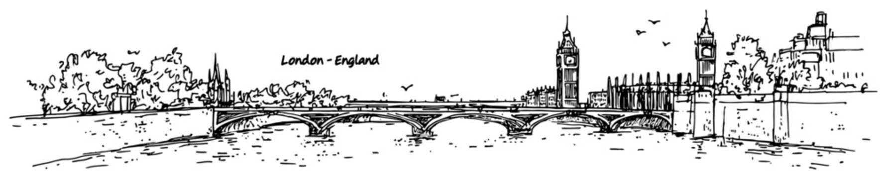 London England cityscape with Big Ben and Westminster Bridge on the Thames river. Hand drawn vector sketch.
