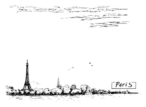 Paris France skyline with Eiffel Tower Hand drawn cityscape sketch with city sign vector illustration