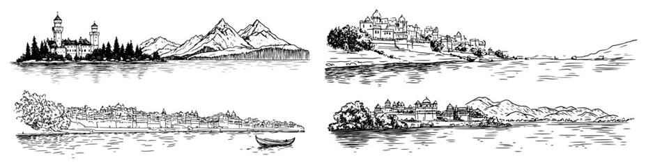 Fototapeta premium Set of hand drawn landscapes with mountains lake sea and village Scenery sketch collection vector illustration