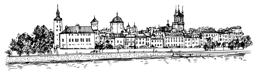 Obraz premium Prague Czech Republic cityscape sketch. Hand drawn vector illustration of the historic Old Town on the Vltava River