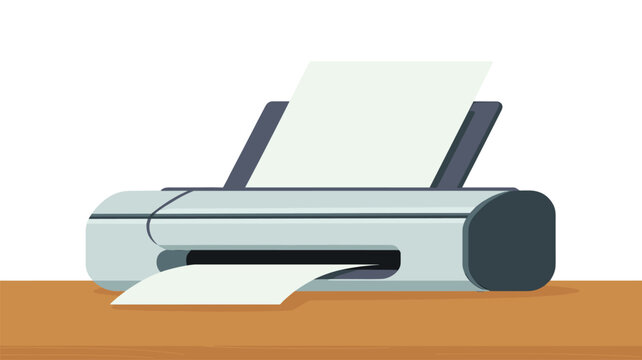 A standard desktop printer with a single sheet of paper emerging sits on a flat polished wooden surface against a clean white background in a simplistic office illustration.