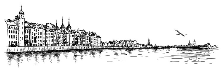 Copenhagen Denmark cityscape view from the water. Hand drawn historic skyline vector sketch. © Tomas